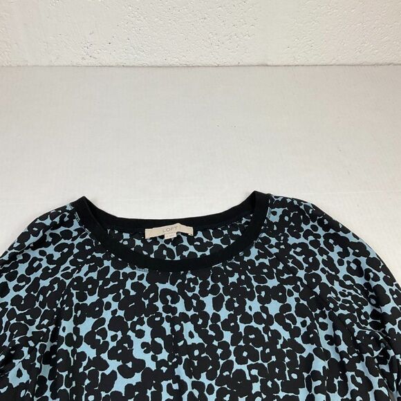 LOFT Womens Animal Print Blouse Blue Black Scoop Neck Pullover Top Long Sleeve S - Picture 3 of 12